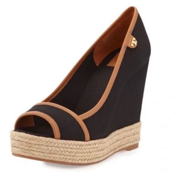 Tory Burch | Black Majorca Peep Toe Canvas Wedge | 9 - Picture 9 of 15